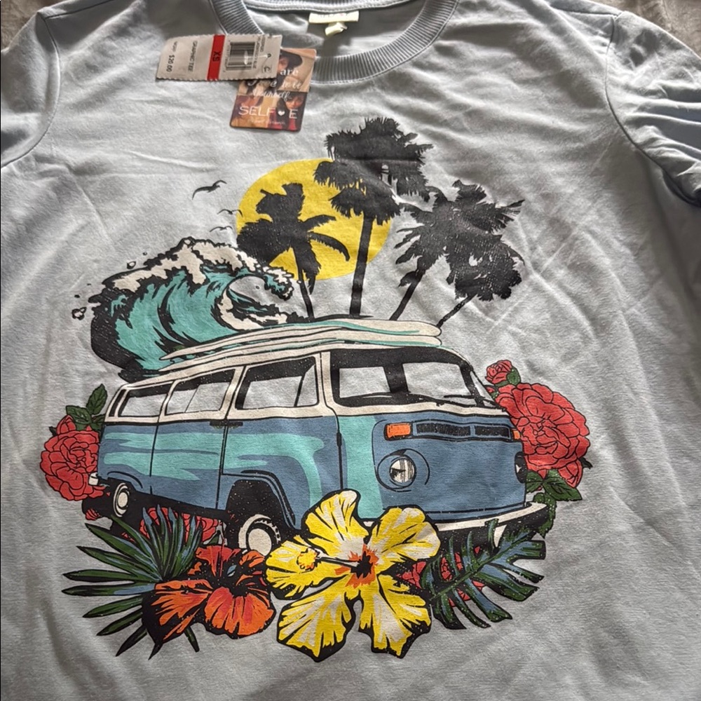 Womens Graphic T-Shirt - Blue with Surf Van Design